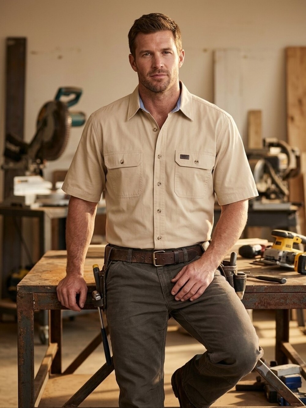 Carhartt Short-Sleeve Button-Down Work Shirt in Tan, Size XL